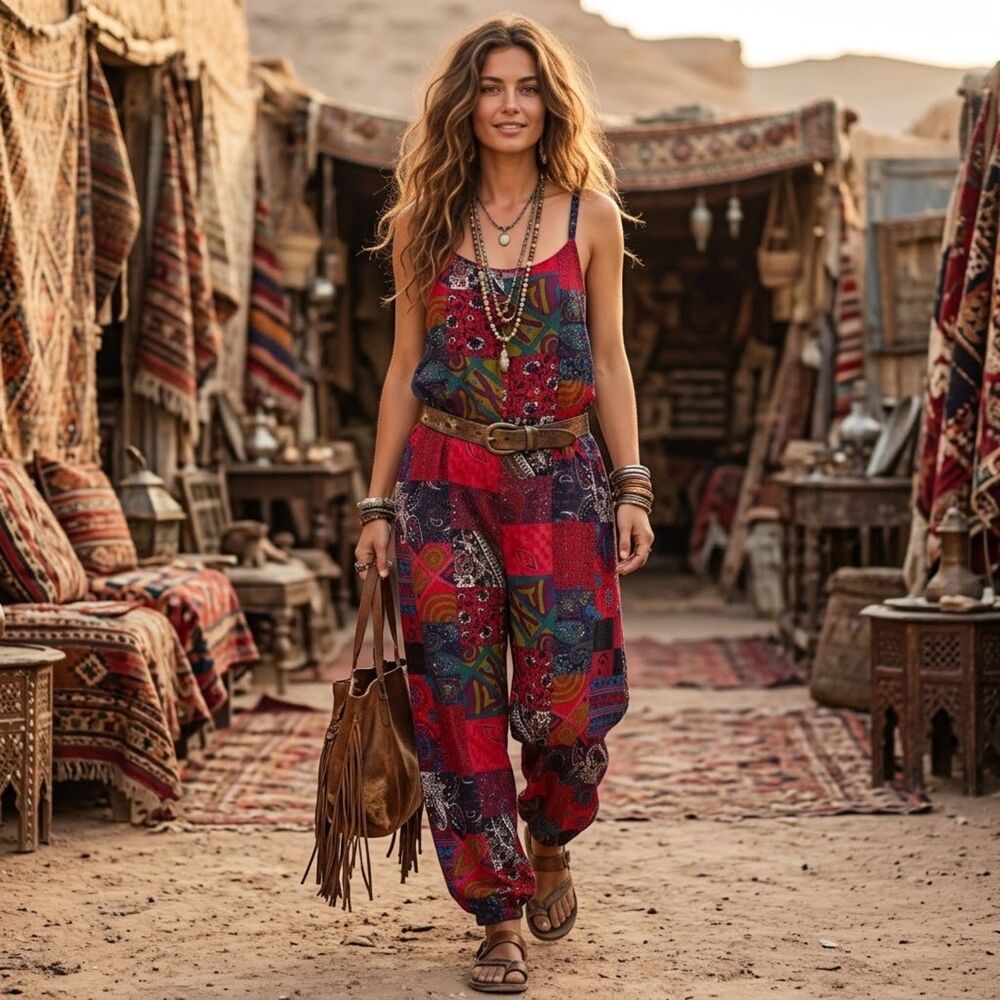 Boho Patchwork Paisley Overalls Wide Leg Jumpsuit Sleeveless Romper Women's XL